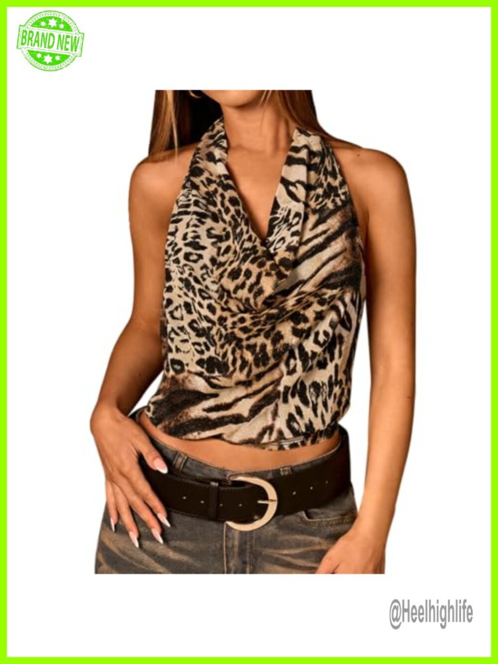 Women's Sleeveless Halter Crop Top Leopard Mesh Cowl Neck Backless